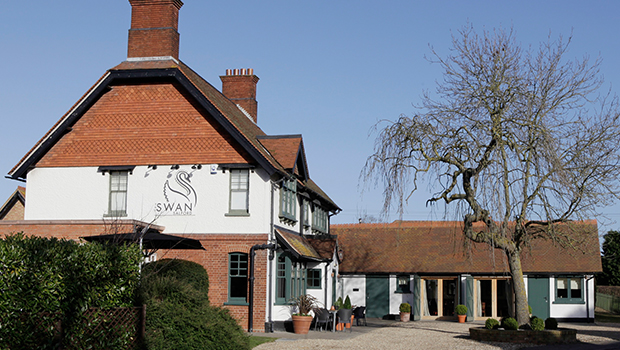 A traditional red-brick pub with a white sign reading SWAN and an illustrated swan on the wall, surrounded by greenery and a leafless tree, under a clear blue sky.